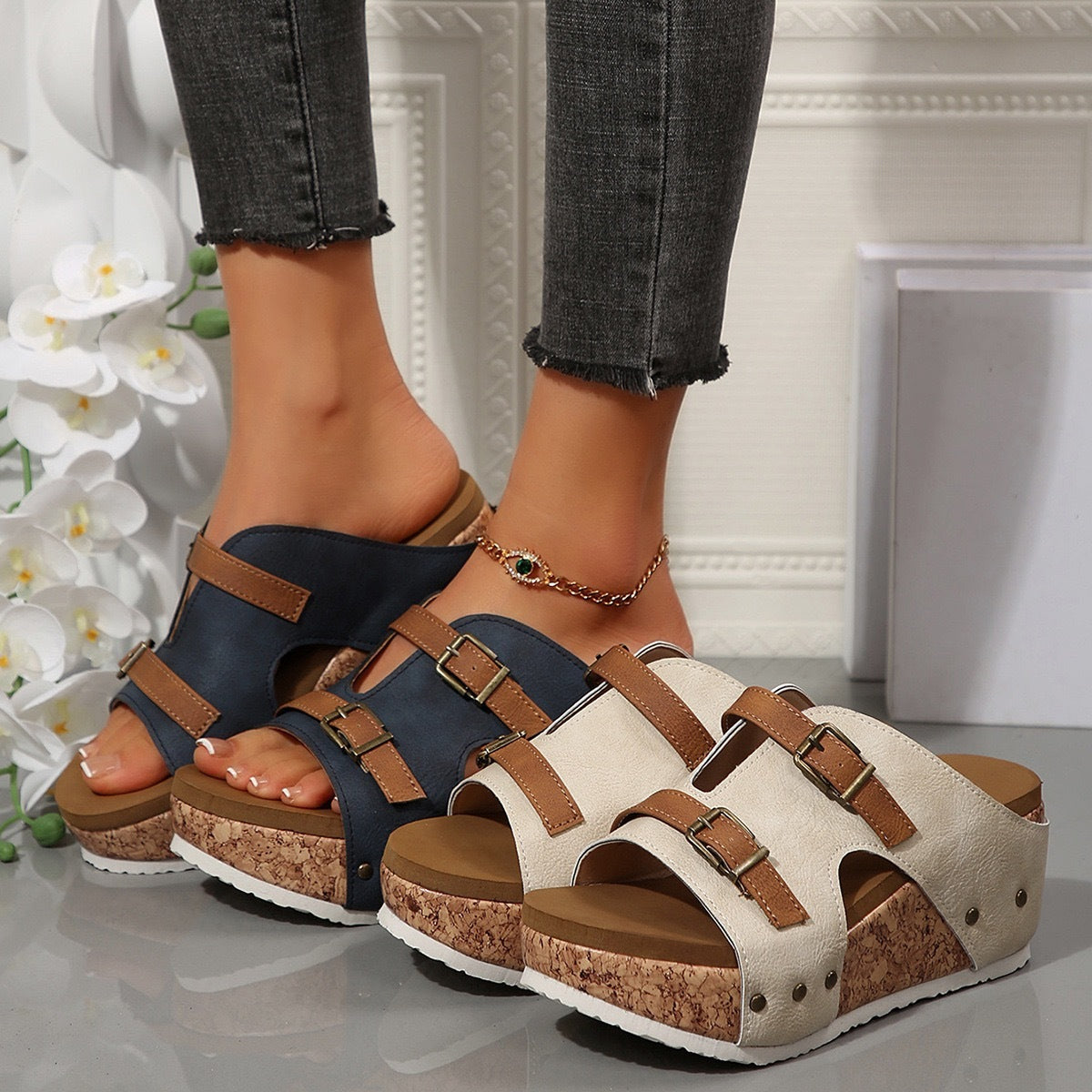 ÉVELYN – ElevEase Peep Toe Wedge Sandals